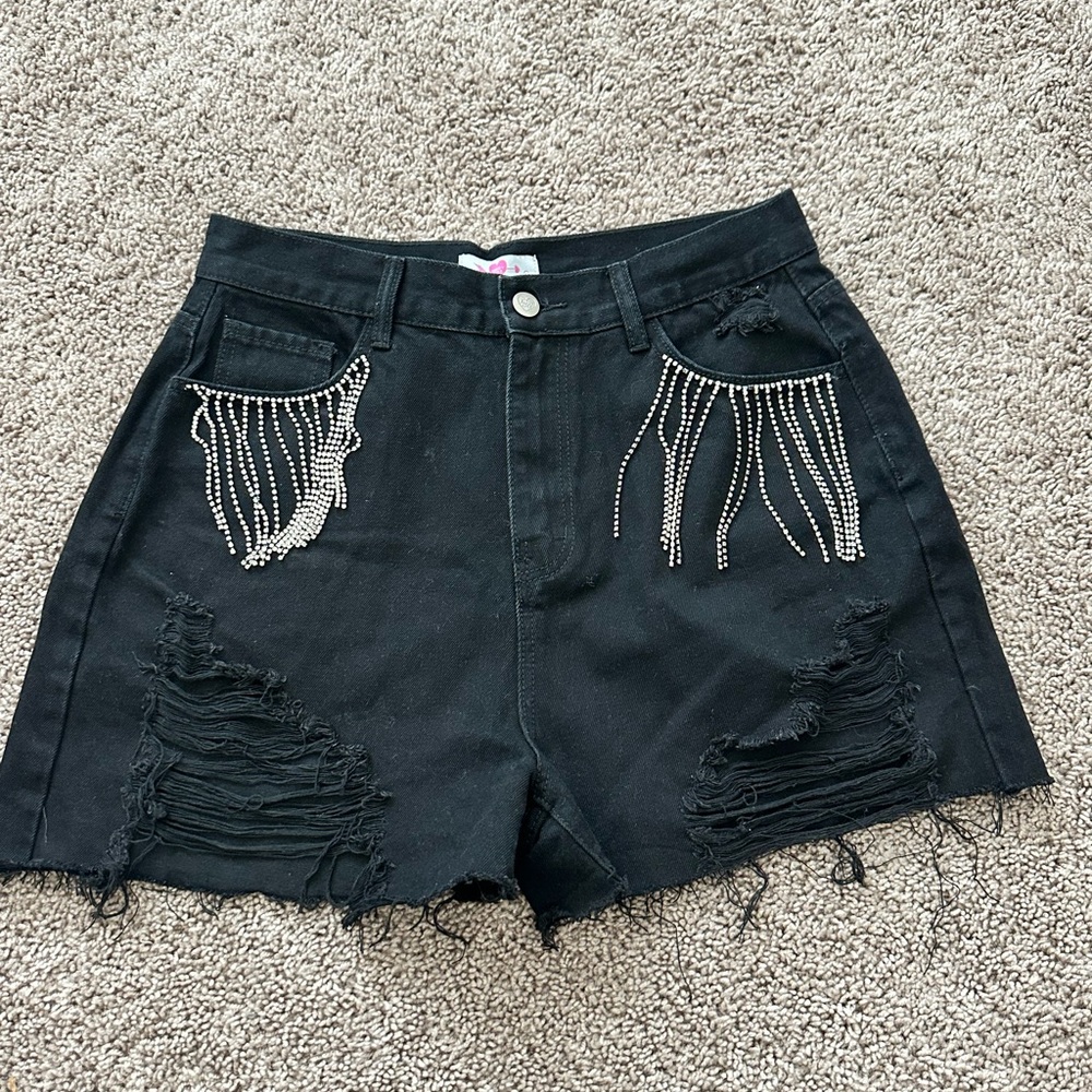 Buddy Love Black Distressed Denim Shorts Rhinestone Fringe High Rise Size L